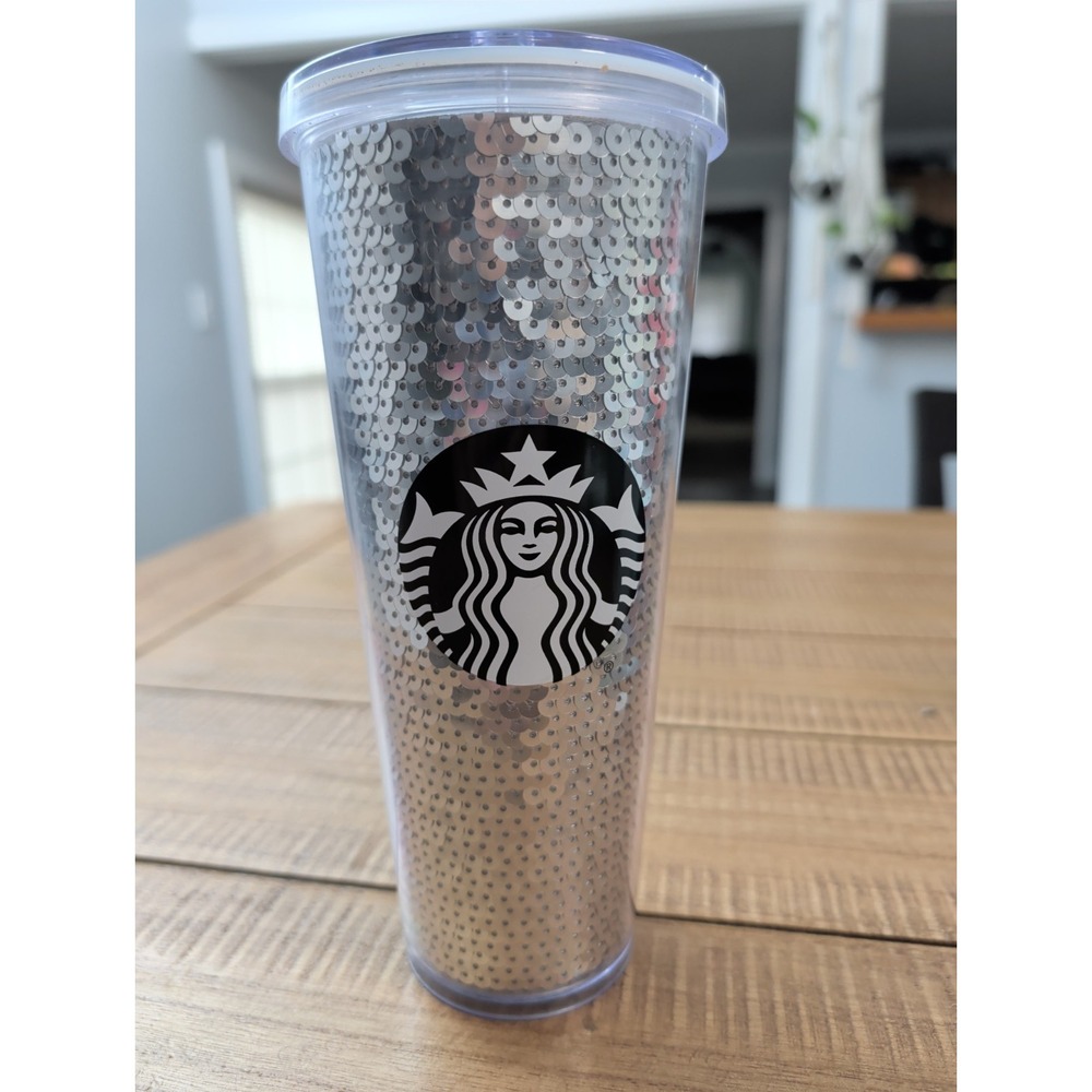Starbucks Silver Sequins Seasonal 24oz Venti Tumbler Cup With Lid - NO STRAW